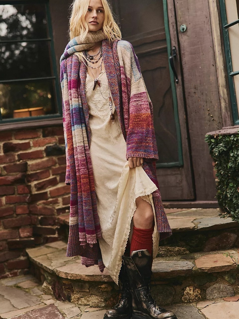 New Free People Multicolor Knit Duster Cardigan Ocean Sunset Combo Med Boho